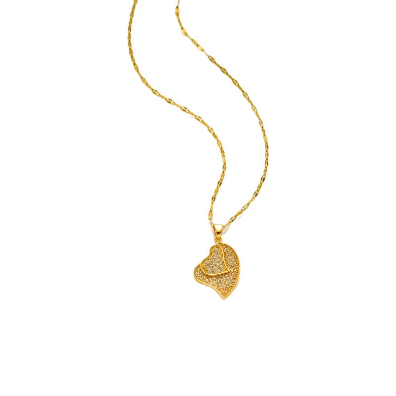 Collar Minimalista de Acero de Titanio con Forma de Corazón, Colgante de Circonitas Microengastadas y Baño de Oro de 18K para Mujer