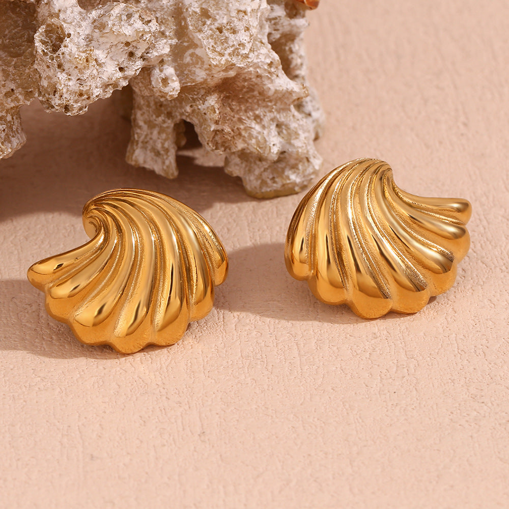 Orecchini Minimalisti a Onda Geometrica a Conchiglia in Acciaio Inossidabile con Placcatura in Oro 18K da Donna