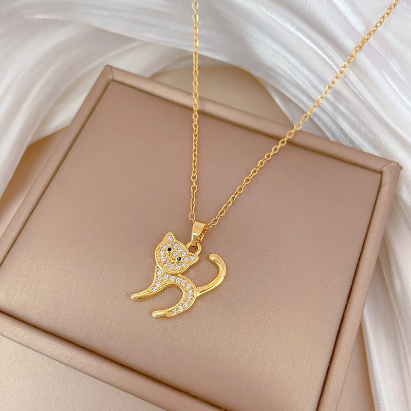 Minimalist Scared Cat Pendant Necklace for Women Stainless Steel Snake Chain with Rhinestone Accents Geometric Design