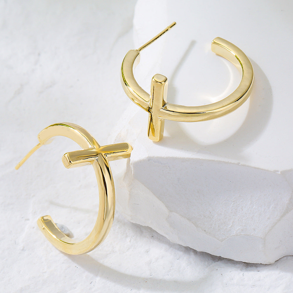Minimalist Geometric C-Shaped Copper Earrings with 18K Gold Plating for Women