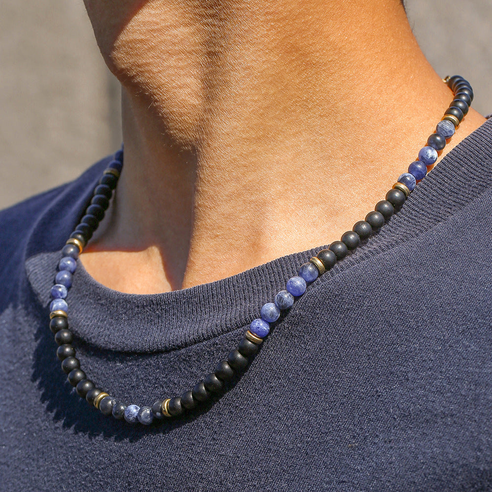 Bohemian Black Agate Volcanic Stone Blue Dot Beaded Necklace Multi-layer Ball Chain Unisex