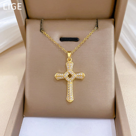 Sweet Rotating Cross Rhinestone Titanium Steel Necklace Unisex Cable Chain