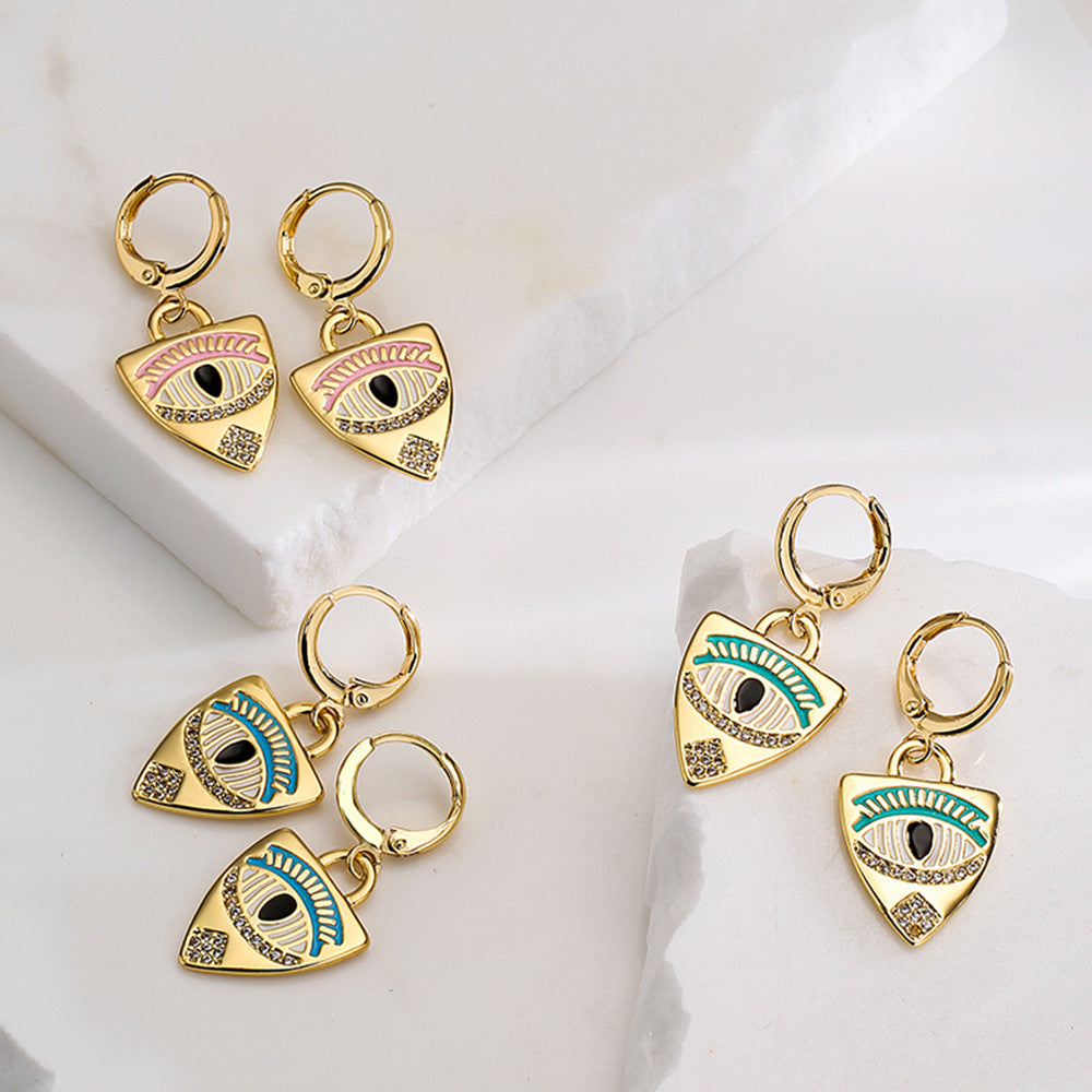 Orecchini geometrici minimalisti in rame placcati in oro 18 carati con dettaglio smaltato a forma di occhio da donna