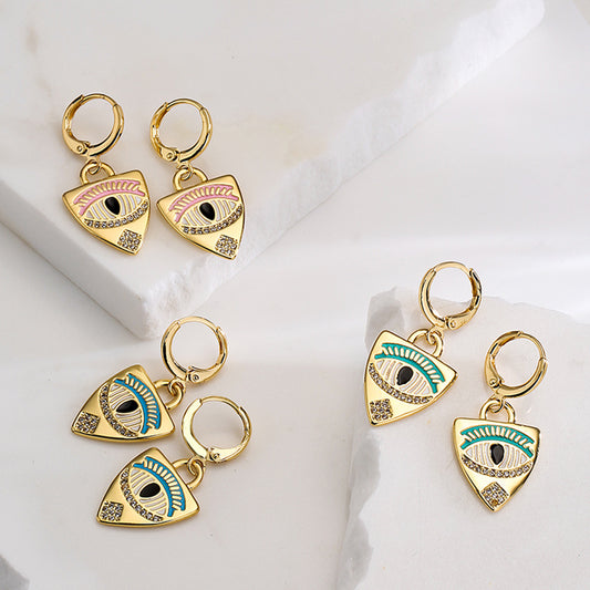 Minimalist Geometric Copper Earrings with 18K Gold Plating and Enamel Eye Detail for Women