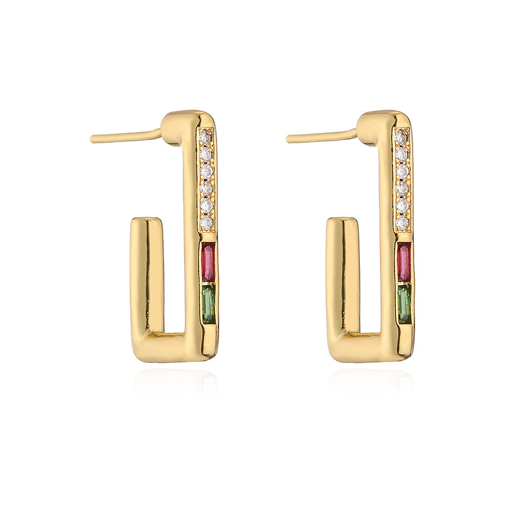 Orecchini geometrici minimalisti da donna in ottone con placcatura in oro 18 carati e intarsio di zirconi