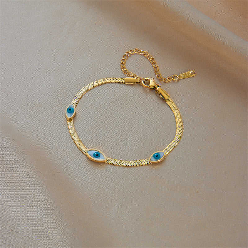 Minimalist Retro Oval Blue and White Eye Titanium Steel Plated Bracelet for Women