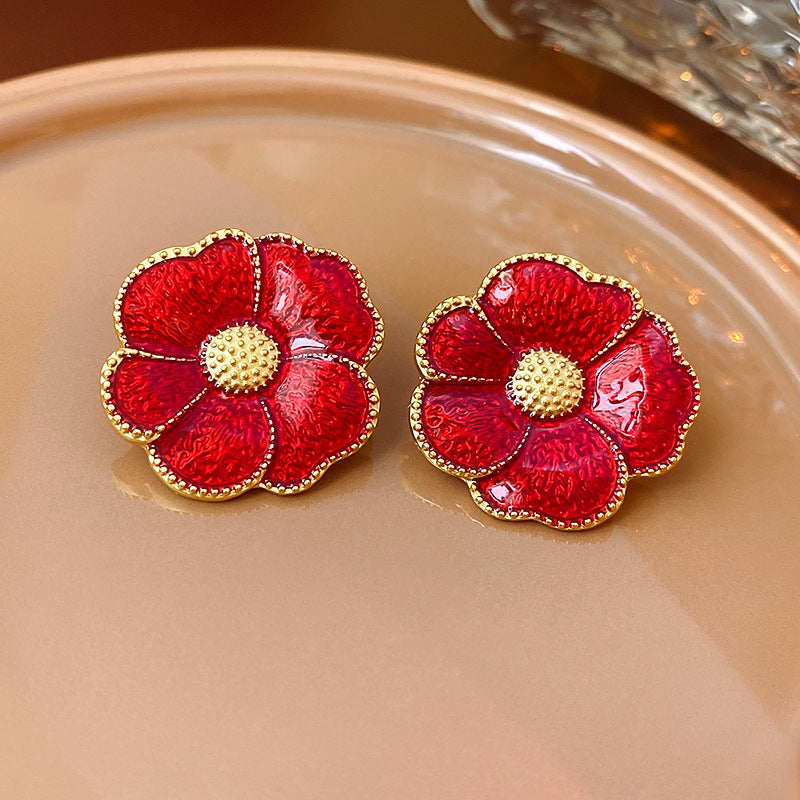 Vintage Floral Geometric Earrings with Rhinestone Inlay and Enamel Finish in Brass with Steel Posts for Women
