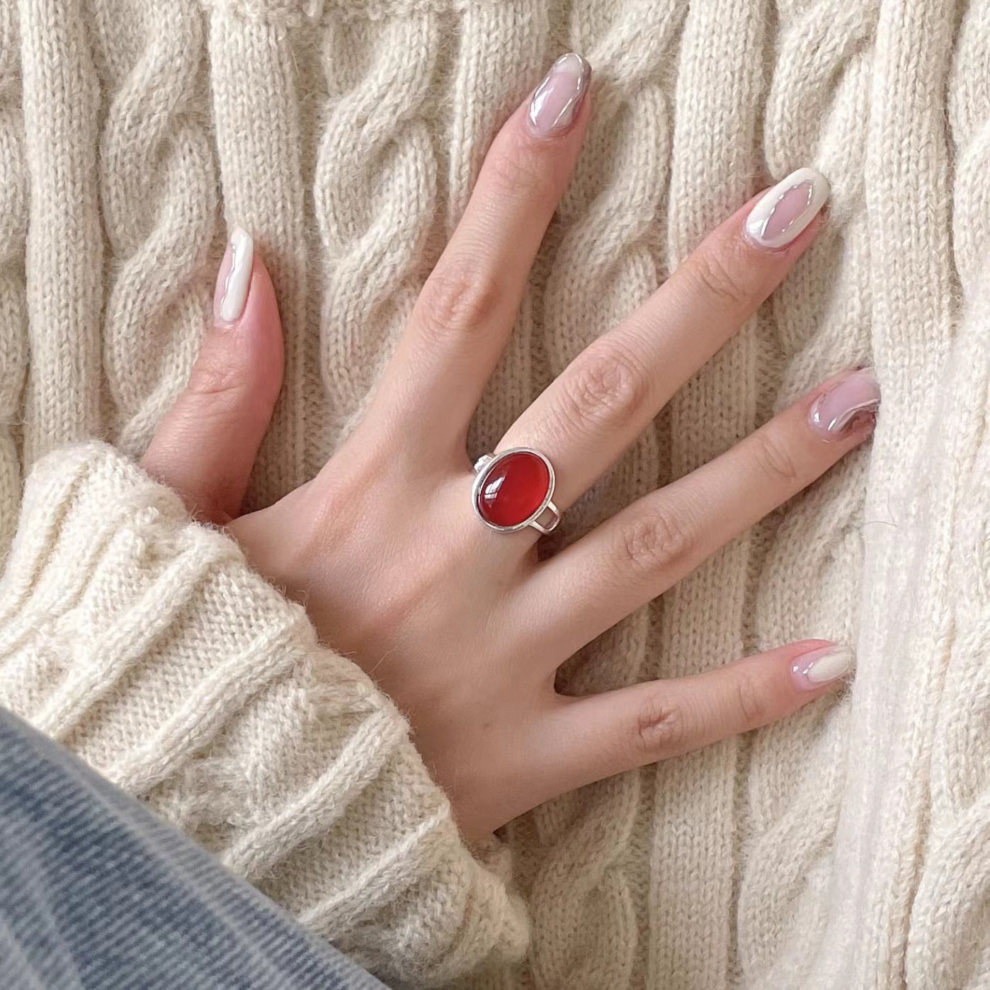Minimalist Elegant 925 Sterling Silver Heart Agate Inlay Ring with Geometric Round and Oval Elements for Women