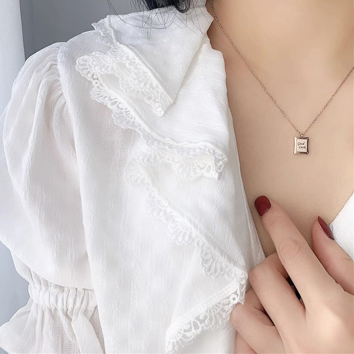 Minimalist Square Pendant Necklace with Engraved Good Luck Letter Charm in Titanium Steel for Women