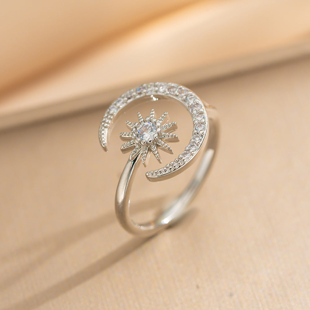 Luxury Minimalist Adjustable Open Ring for Women with Gold-Plated Copper Band and Zircon Stone Accent in Heart and Floral Shape