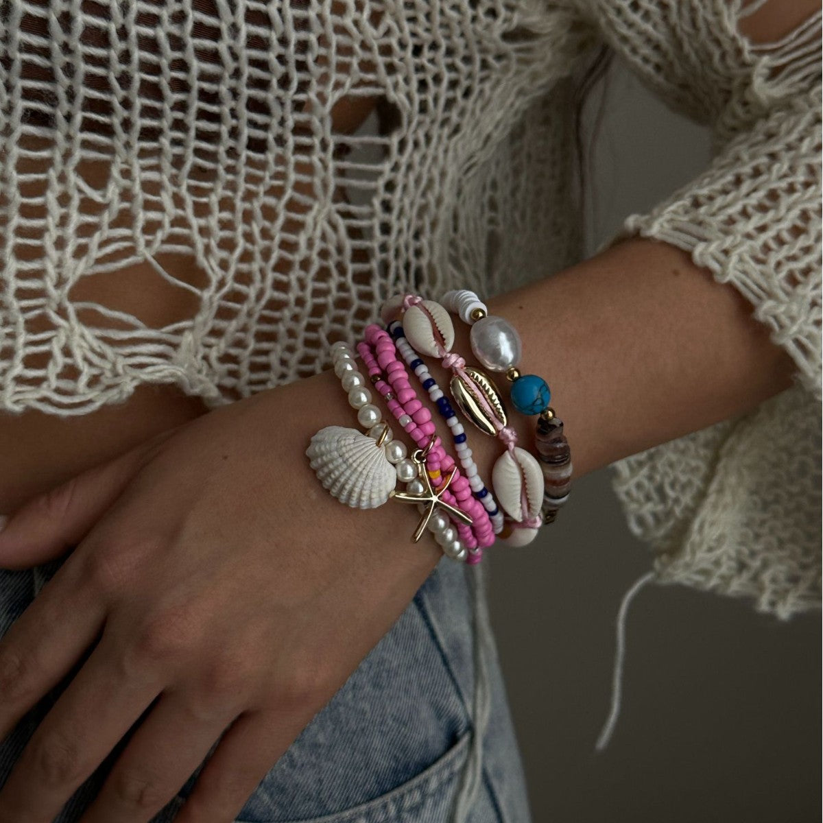 Set di bracciali da donna in stile bohémien con stelle marine e conchiglie, tessuti a mano