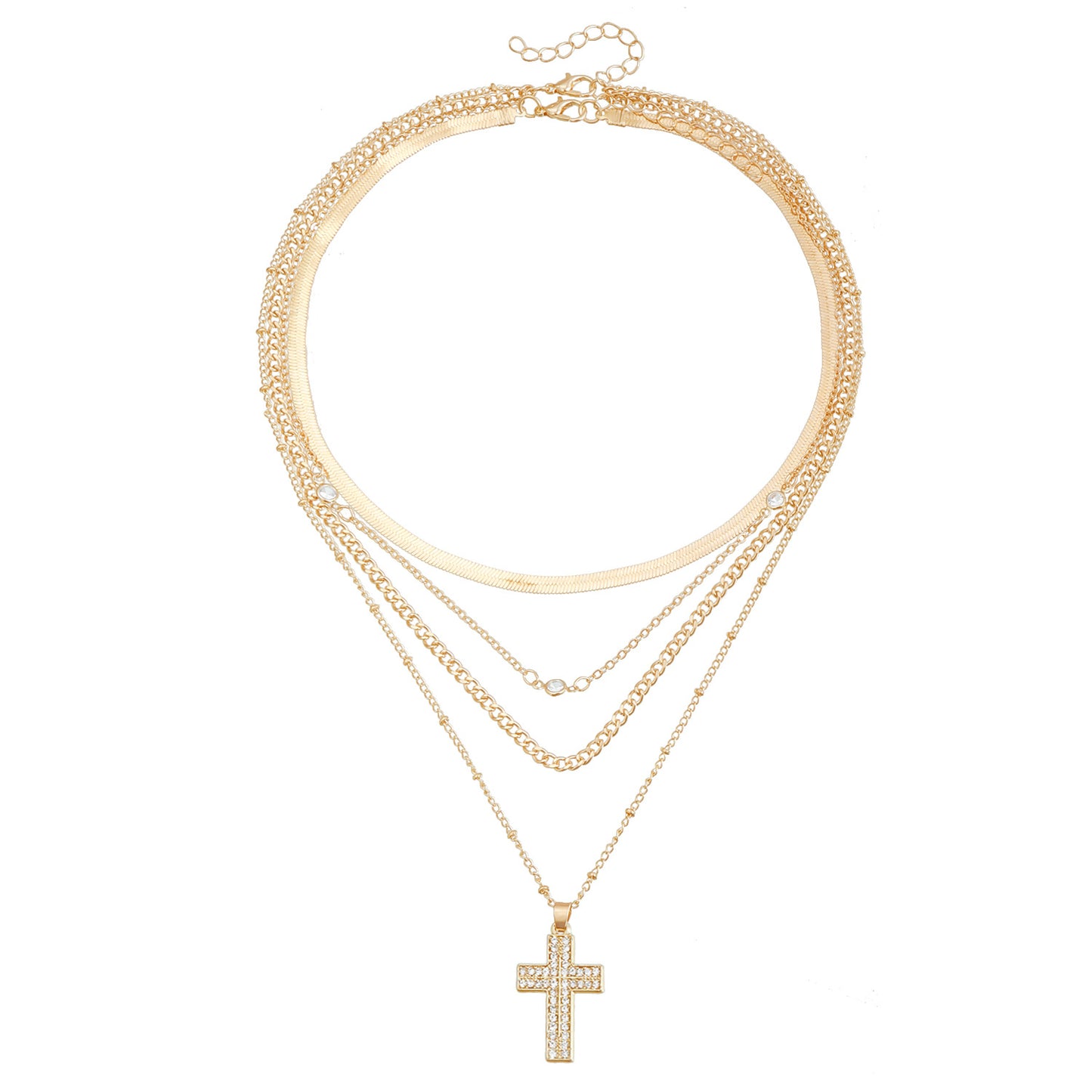 Vintage-Inspired Cross Pendant Necklace with Rhinestone Accents on Snake Chain for Women
