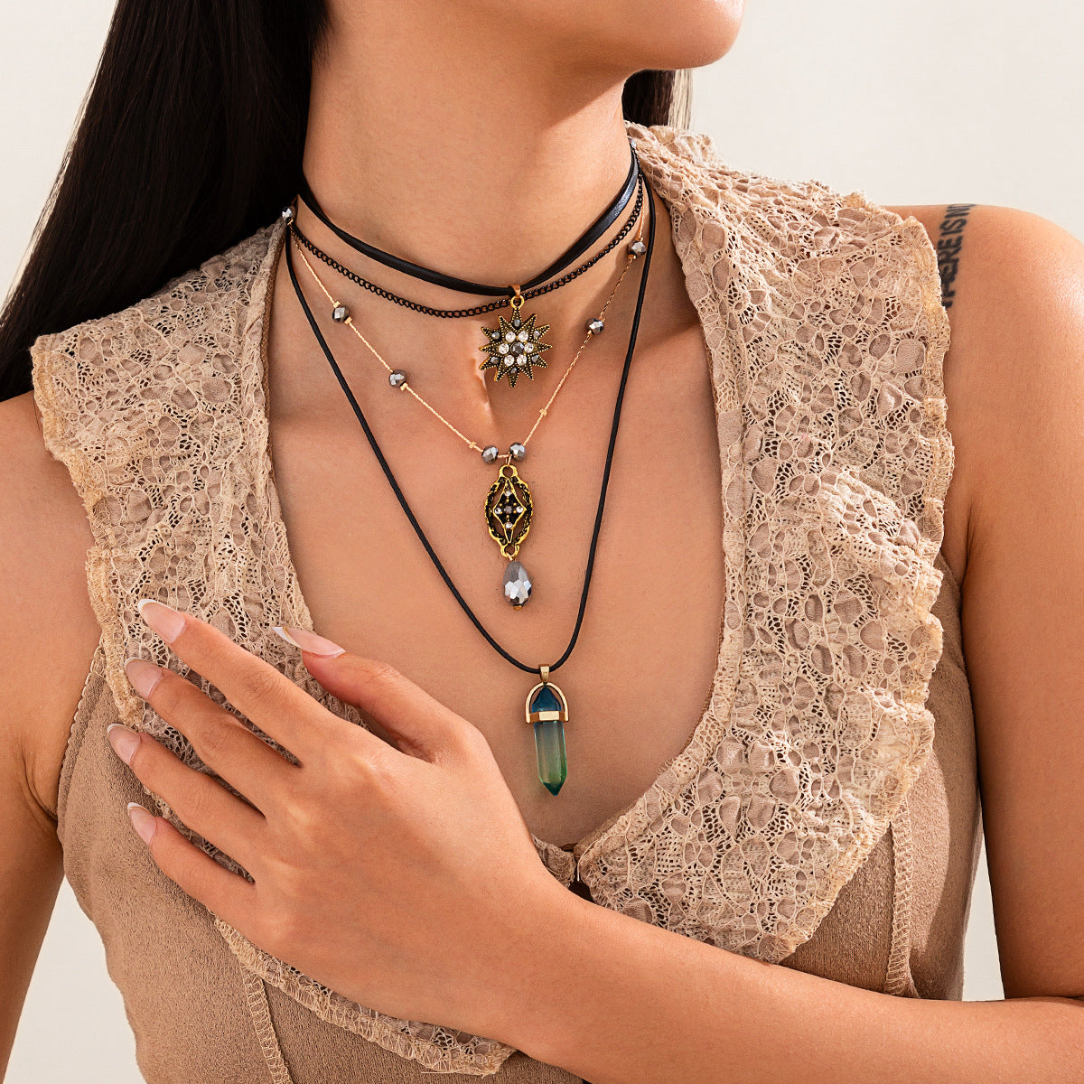 Vintage Baroque Pearl Star Teardrop Pendant Zinc Alloy Plated Multi-Layer Necklace for Women