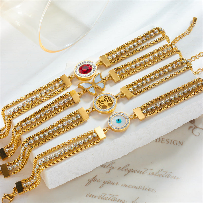 Vintage-Style Butterfly-Shaped Stainless Steel Bracelet with Rhinestone Inlay and Multi-Layer Chain Design for Women