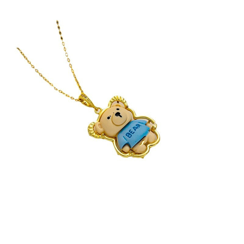 Cartoon Strawberry Bear and Bunny Pendant Necklace in Titanium Steel with Inlay Detail, Cute Animal-Themed Jewelry for Women