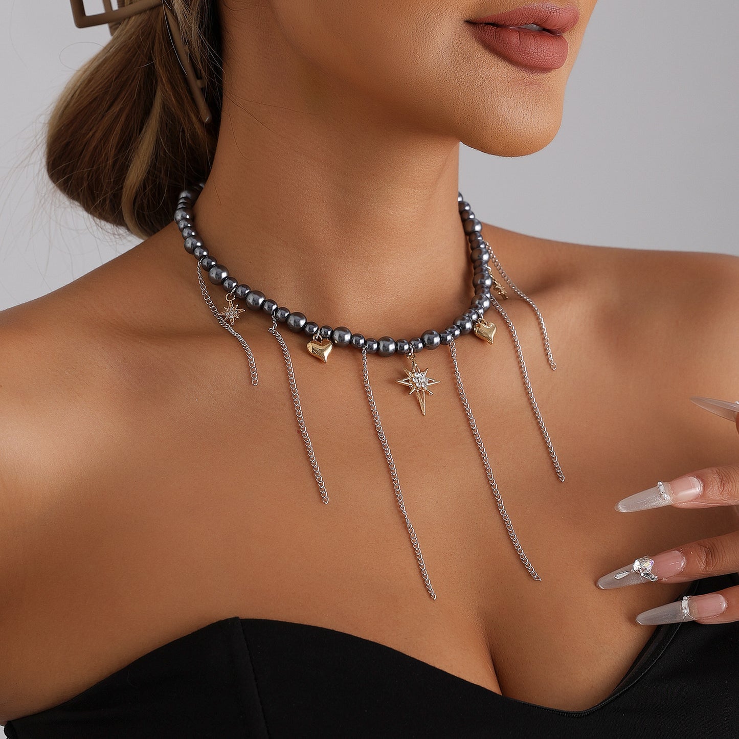 Minimalist Alloy Plated Star Heart Geometric Pendant Necklace with Tassel
