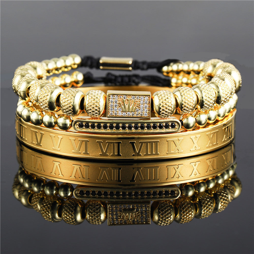 Vintage Punk Geometric Plated Titanium Steel Bracelet Set with Crown and Roman Letter Elements for Men and Women