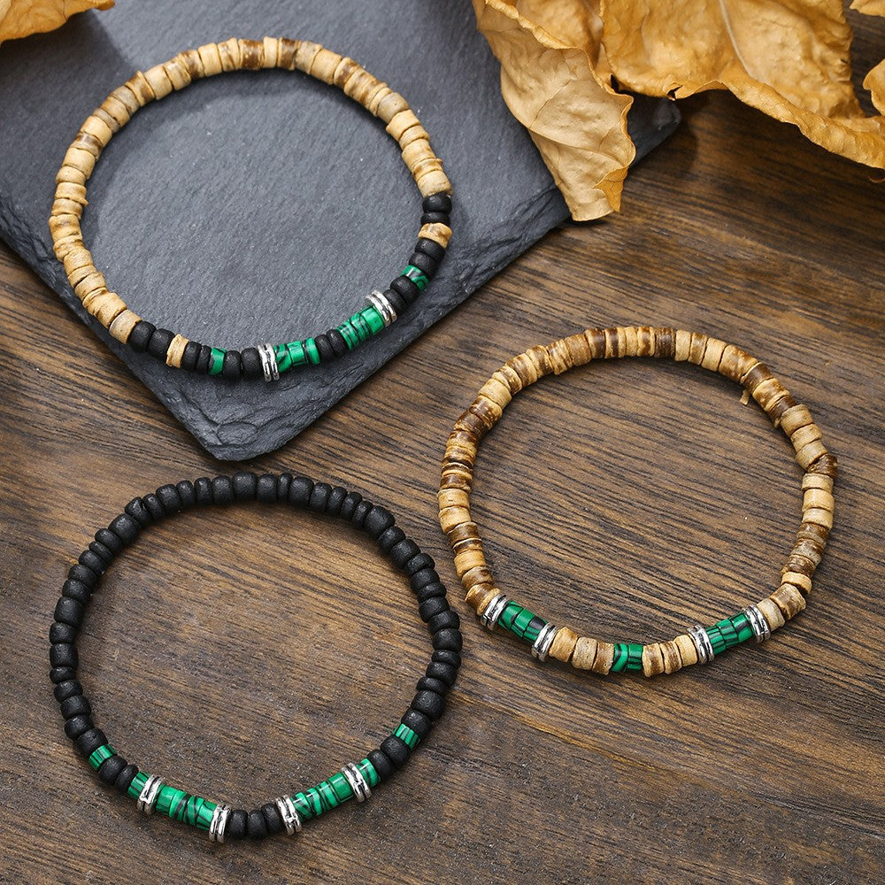 Vintage Hip-hop Round Wood Bead Bracelet with Alloy Accents for Unisex