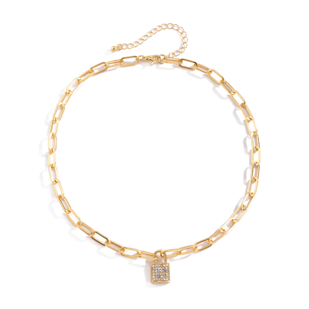 Collana pendente con lucchetto geometrico minimalista da donna con strass micro-incastonati su catena a croce in lega con finitura galvanica