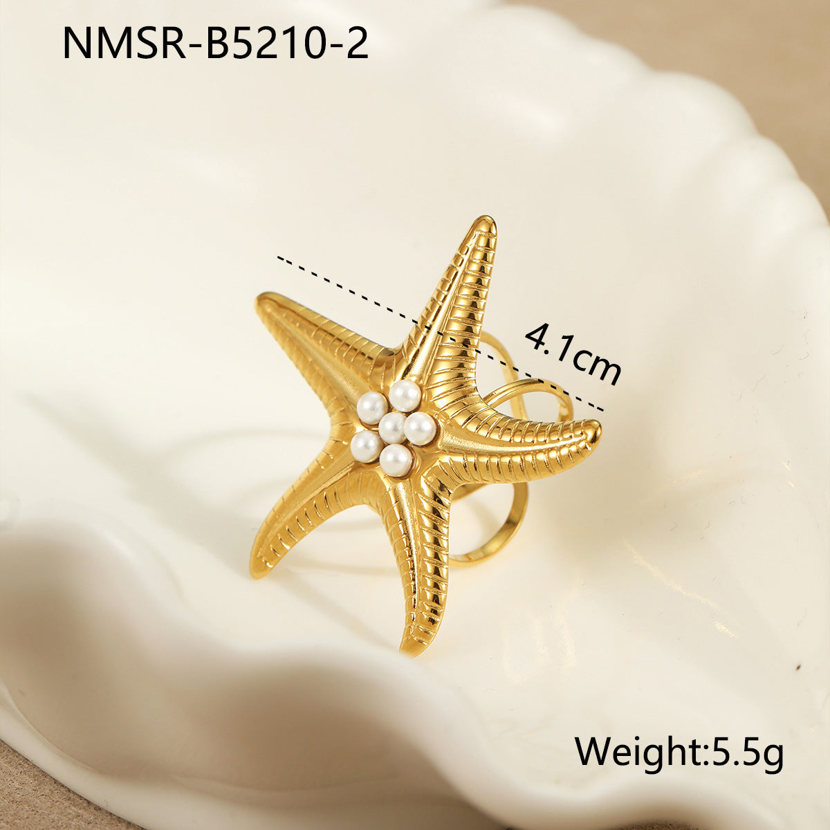 Anillo abierto de acero inoxidable de lujo inspirado en el océano con diseño de concha y estrella de mar para mujer