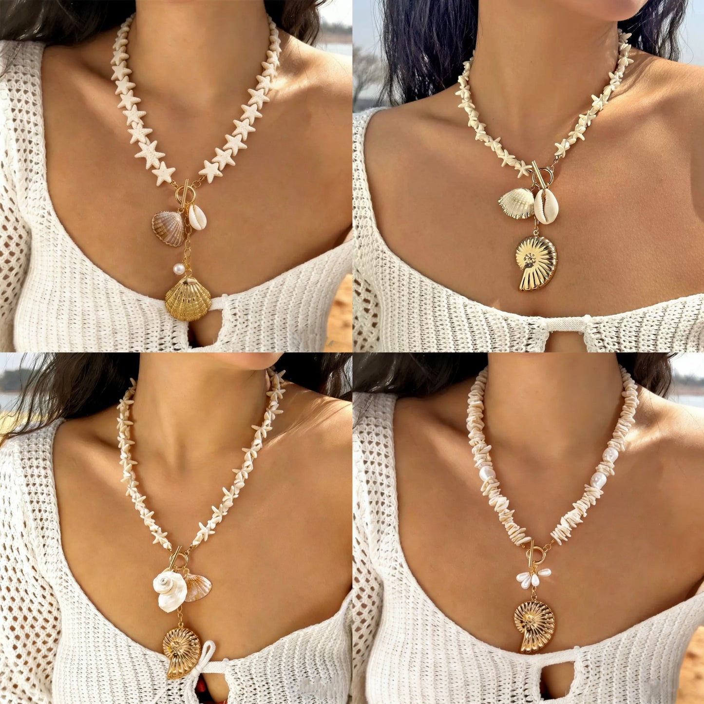 Collana pendente Bohemian di lusso con conchiglia a stella marina e conchiglia geometrica fatta a mano in lega per donna