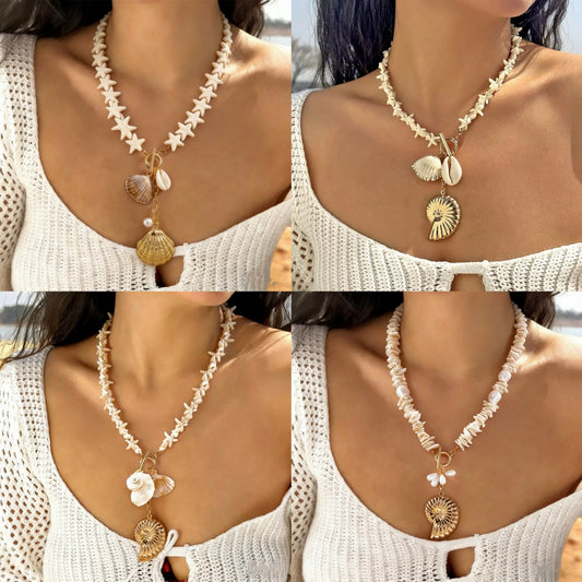 Collar colgante de concha de estrella de mar concha geométrica de lujo bohemio cadena de aleación hecha a mano para mujer
