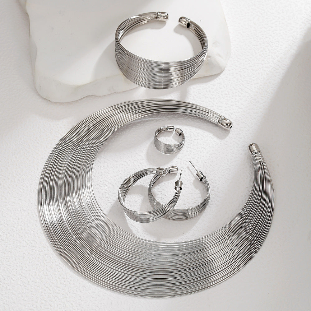 Multi-Layer Geometric Round Plated Alloy Jewelry Set Necklace Bracelet Earrings