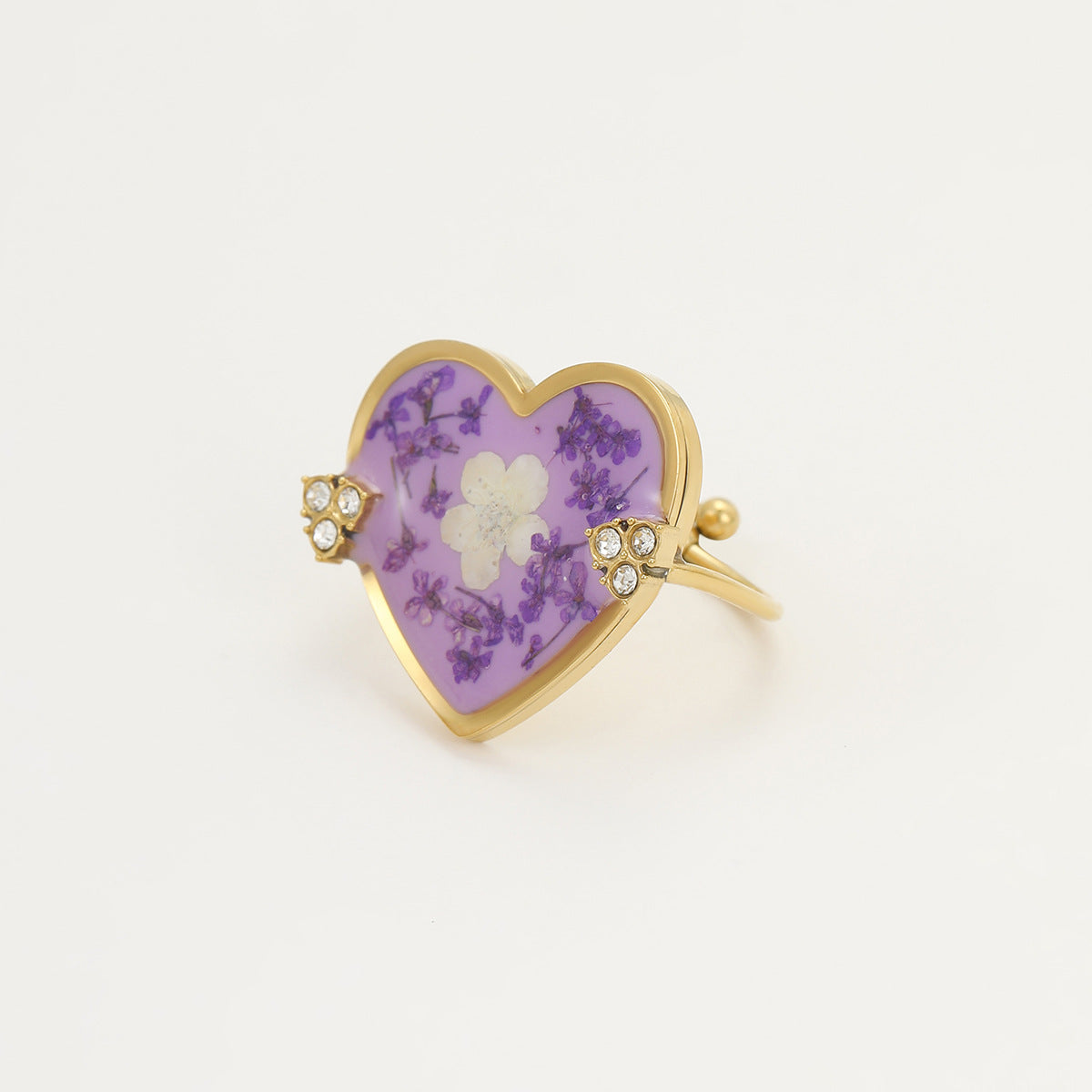 Anillo de Acero Inoxidable con Forma de Corazón a la Moda y Flor Seca Incrustada para Mujer, Baño de Oro, Joyería Chic Minimalista para Oficina
