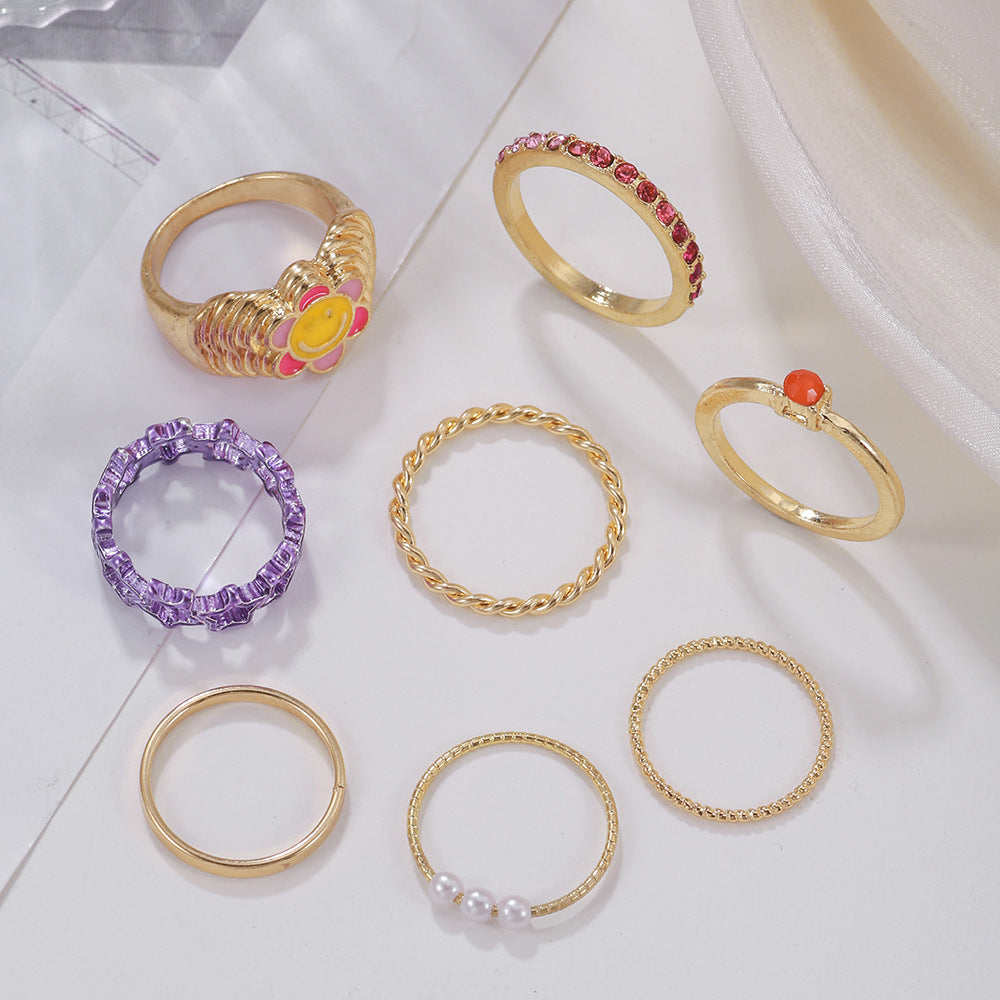 Sweet Geometric Alloy Ring Set with Drip Oil Smile Face, Crystal and Pearl Inlay