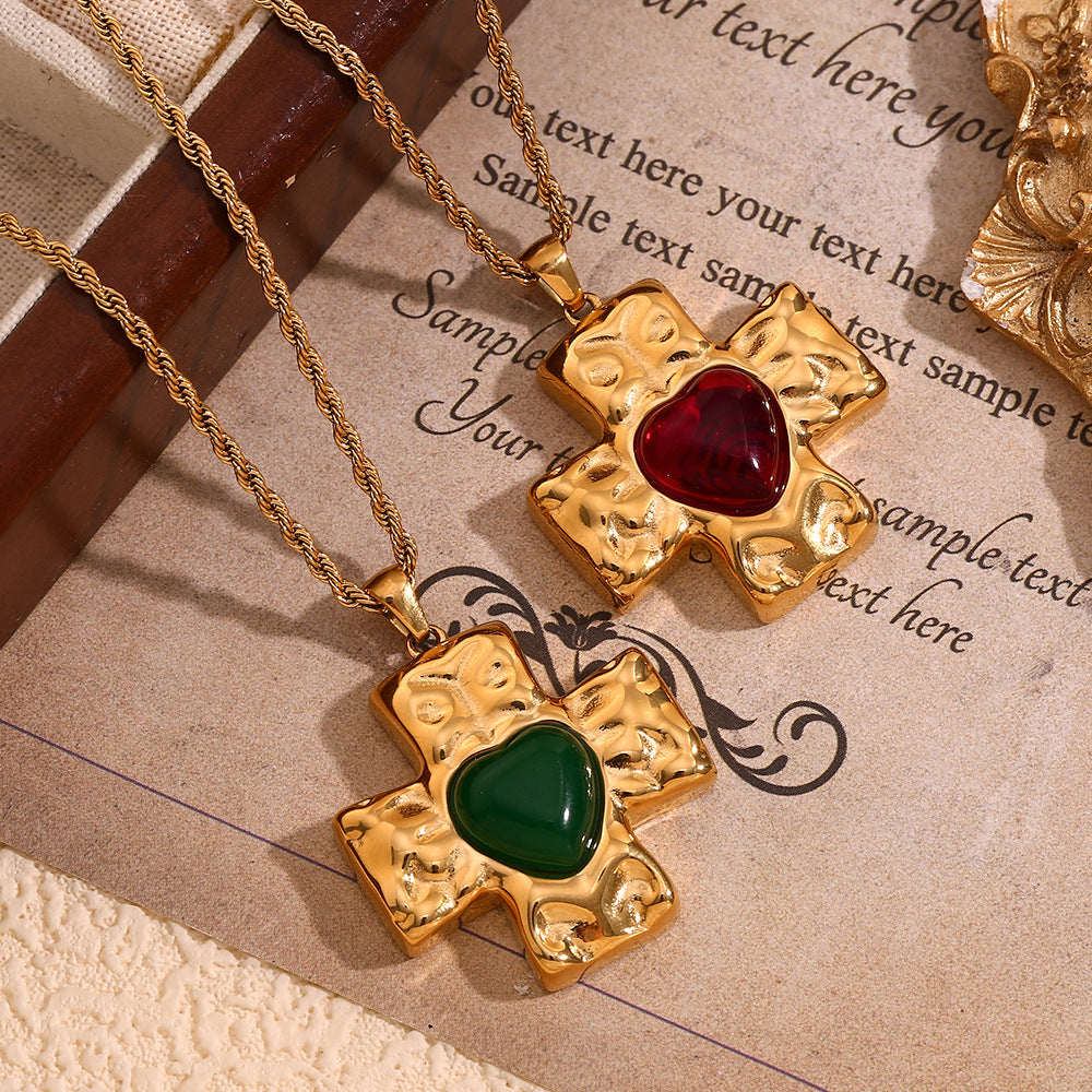 Collana con ciondolo a forma di cuore e croce, stile vintage francese, in acciaio inossidabile placcato oro 18 carati con finitura martellata
