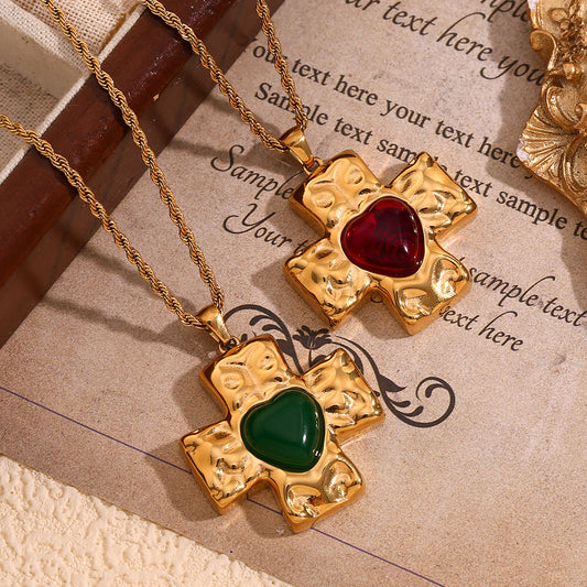 Vintage French Style Hammered Texture Heart and Cross Pendant Necklace in Stainless Steel with 18K Gold Plating