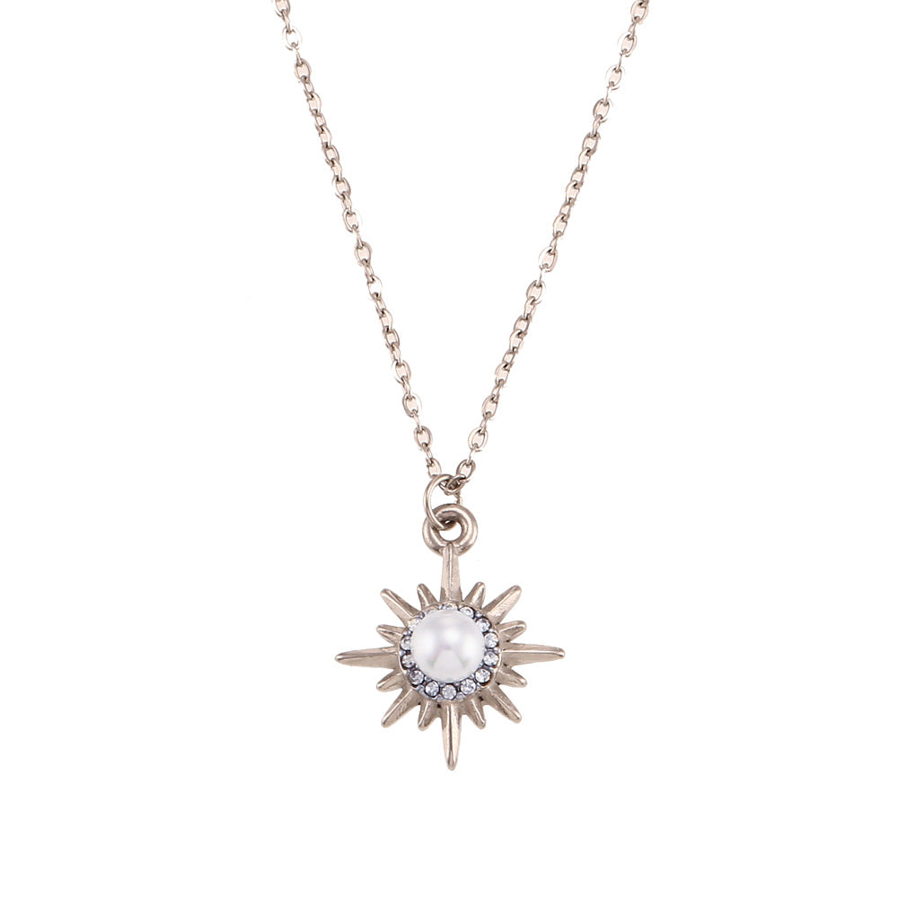 Collana con ciondolo a stella a otto punte con zirconi placcati oro 18 carati in acciaio inossidabile, stile minimalista, da donna