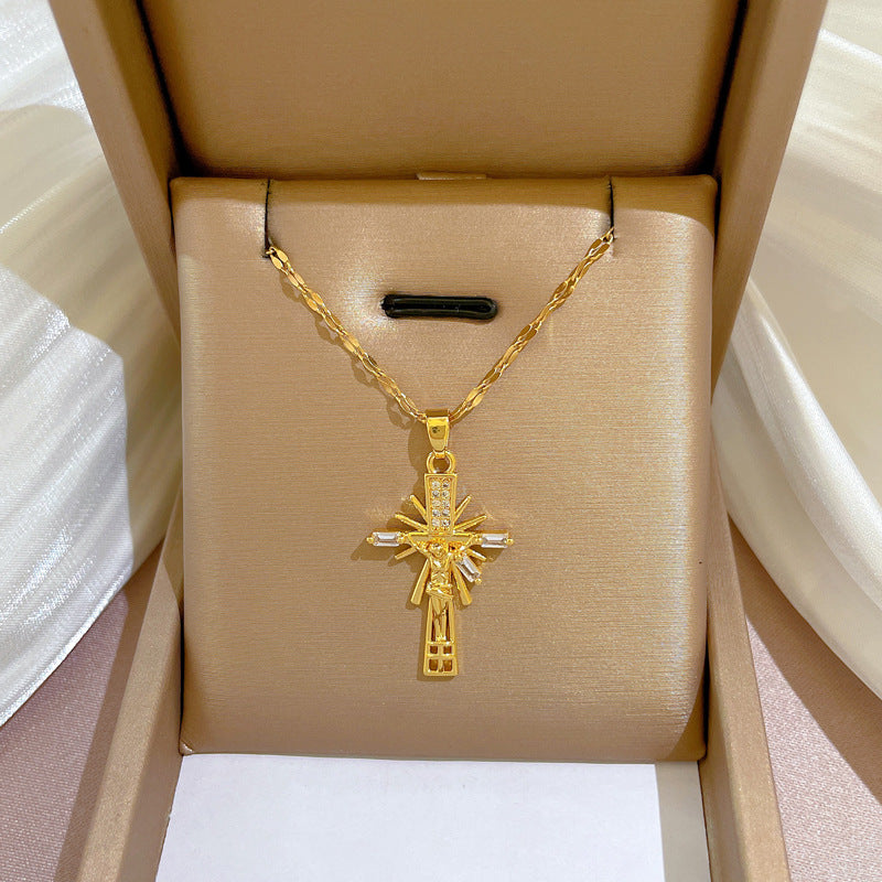 Collana con ciondolo a croce geometrica minimalista in acciaio al titanio con intarsio in rame placcato oro per uomo e donna