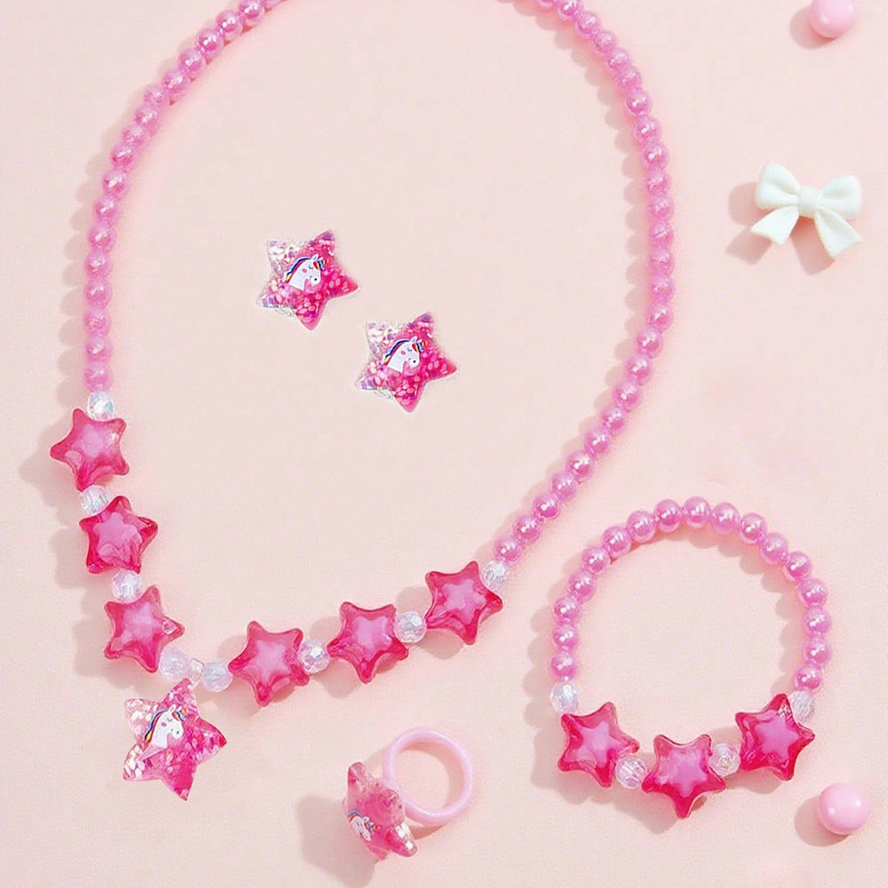 Set de collar de mariposa estilo caricatura para niños con dije de resina en cadena de cuentas con formas de corazón, estrella y flor