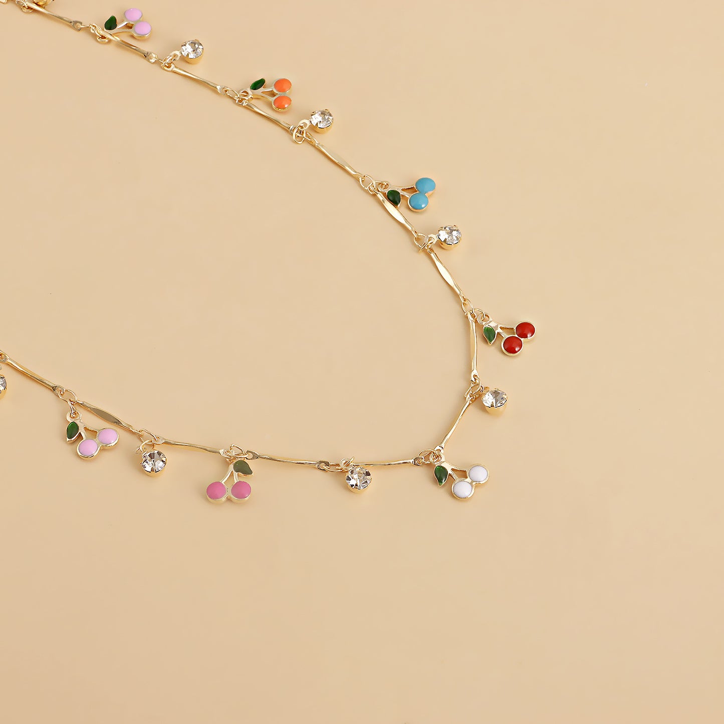 Colorful Enamel Cherry Zircon Pendant Necklace for Women with Geometric Design in Alloy with Plating Finish