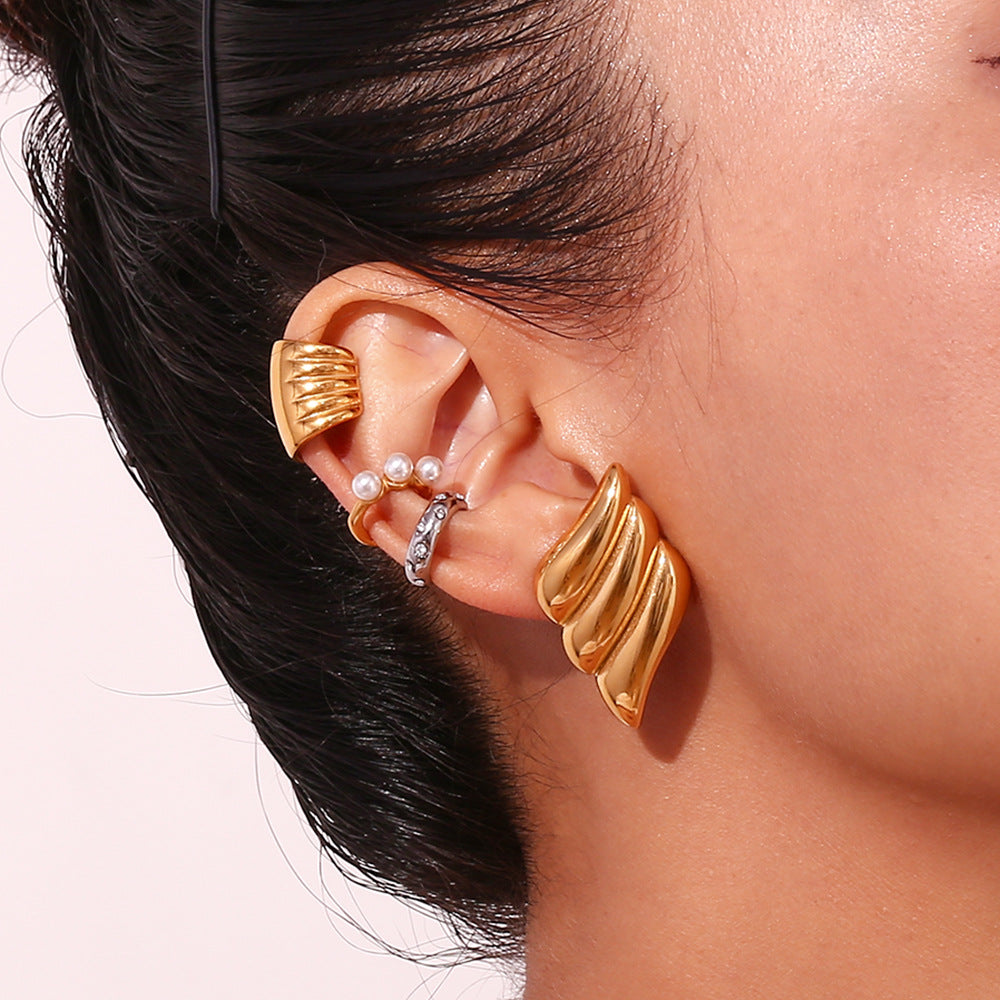 Pendientes de alas de tres niveles geométricos para mujer en acero inoxidable con baño de oro de 18 quilates