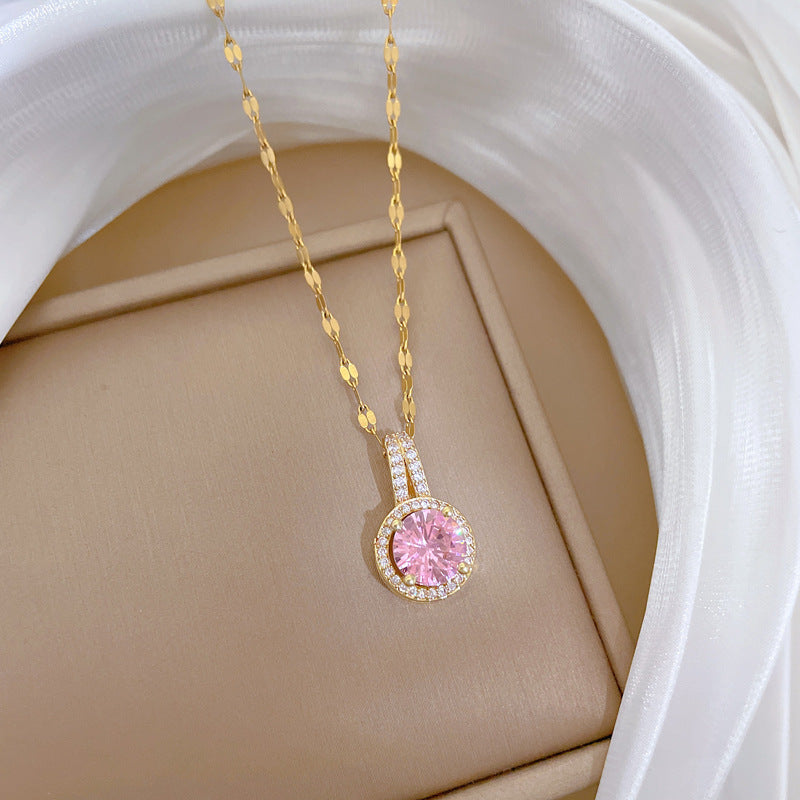 Sweet Elegant Teardrop Round Geometric Titanium Steel Necklace with Cubic Zirconia Brass Pendant for Unisex