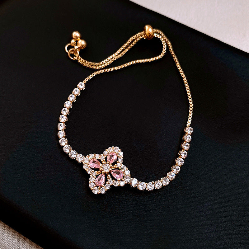 Elegant Heart Floral Brass Plated Inlaid Cubic Zirconia Bracelet for Women