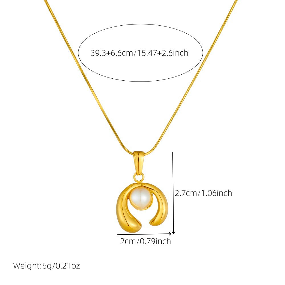Minimalist Business Geometric Stainless Steel Pearl Inlay Plated Pendant Necklace with Snake Chain for Women