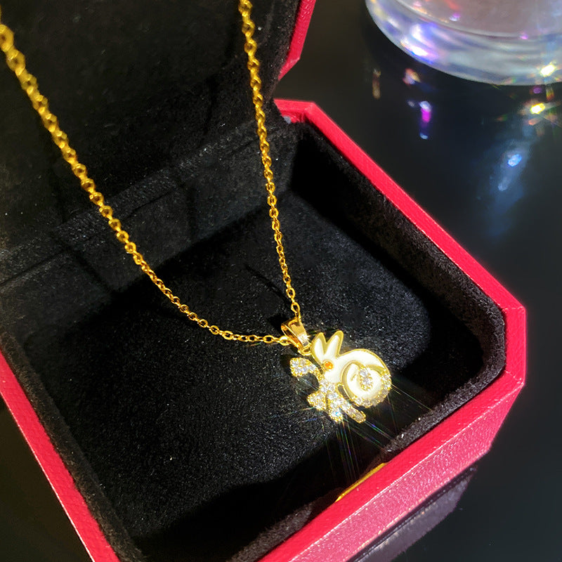 Sporty Sweet Micro-Set Cubic Zirconia Fruit Square Pendant Titanium Steel Cable Chain Necklace