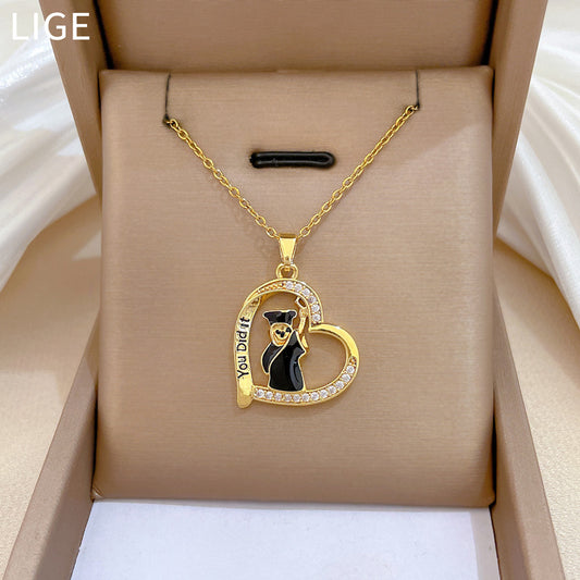 Sweet Minimalist Heart Drip Oil Rhinestone Pendant Necklace Titanium Steel Chain for Unisex