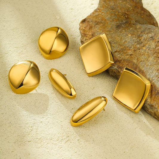 Minimalist Geometric 18K Gold Plated Stainless Steel Irregular Square Round Stud Earrings for Women