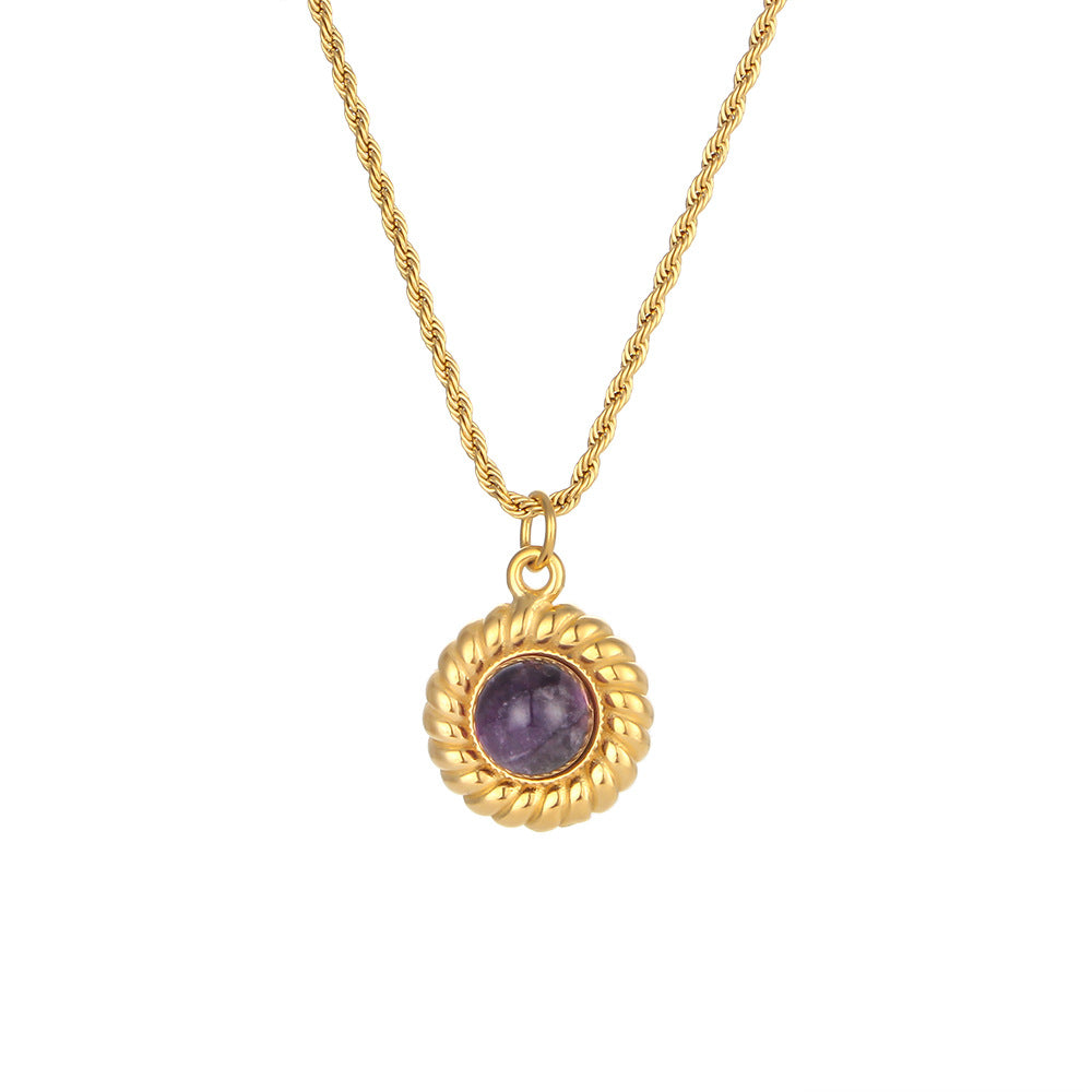 Collana con Pendente Vintage di Agata Geometrica in Acciaio Inox, Placcatura in Oro 18K e Catena Ondulata