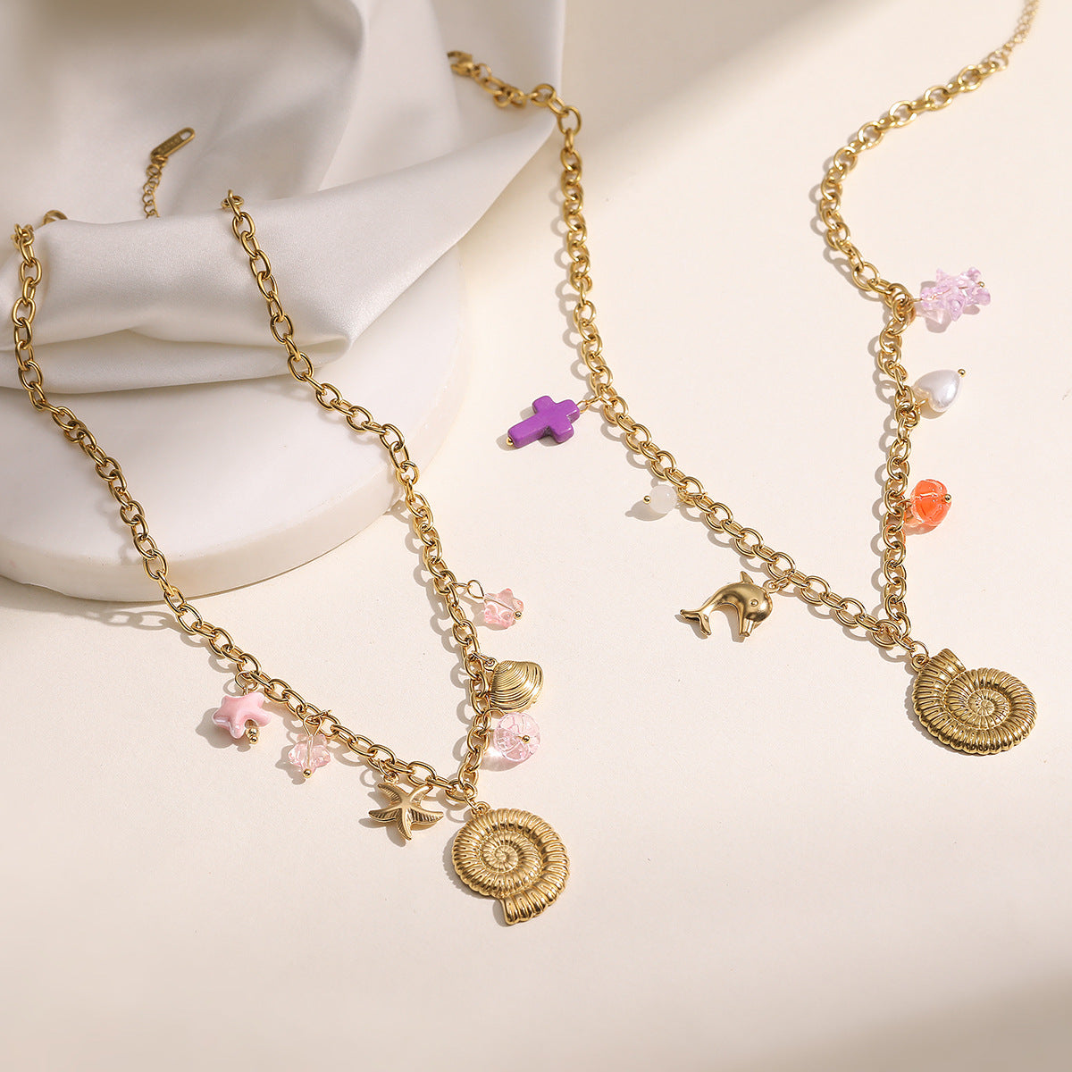 Minimalist Gold Plated Geometric Stainless Steel Shell Starfish Pendant Necklace for Women