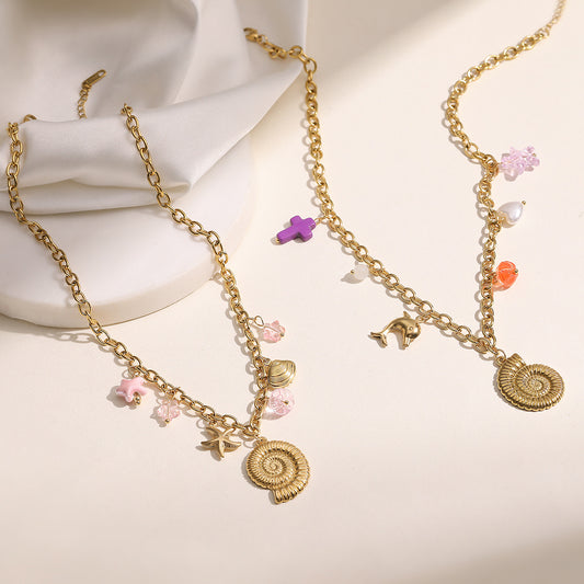 Minimalist Gold Plated Geometric Stainless Steel Shell Starfish Pendant Necklace for Women