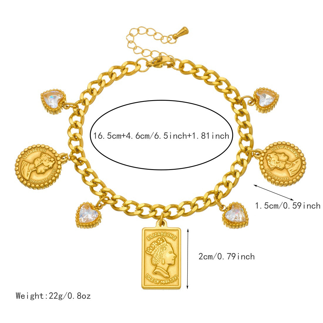 Elegant Gold Plated Geometric Round Square Heart Rhinestone Inlay Stainless Steel Pendant Bracelet