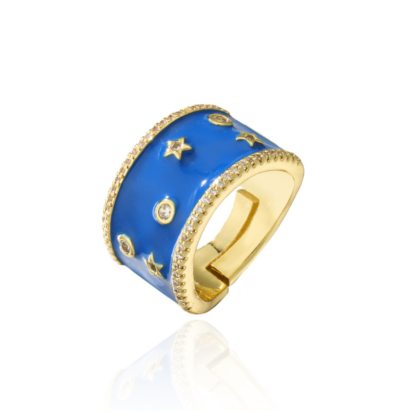 Elegant Geometric Drip Oil Brass Ring with Micro-Inlaid Cubic Zirconia for Women