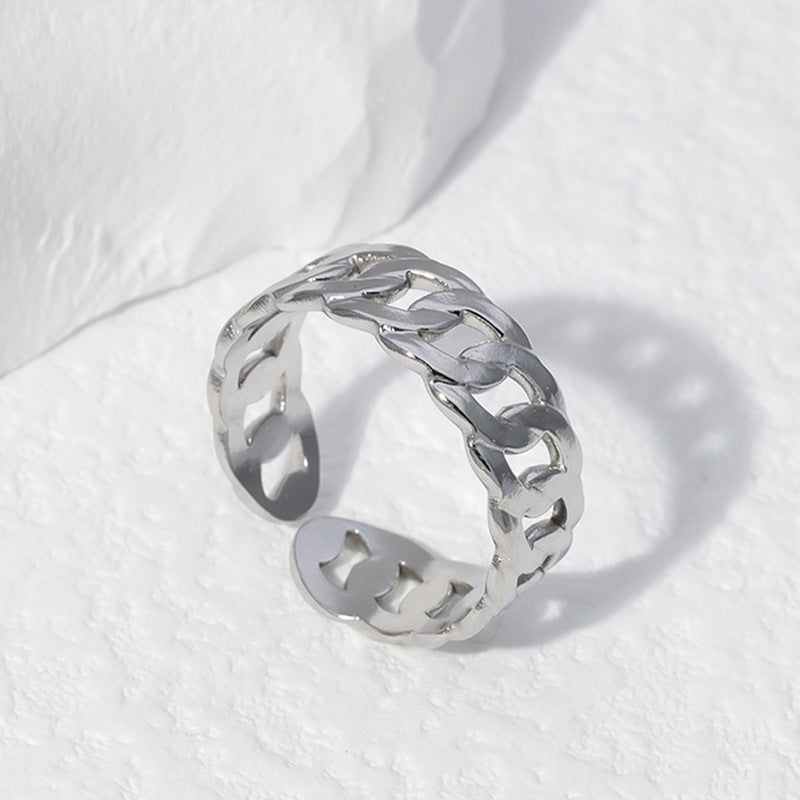 Elegant Minimalist Titanium Steel Adjustable Open Ring for Women with Chain Design and Electroplated Finish