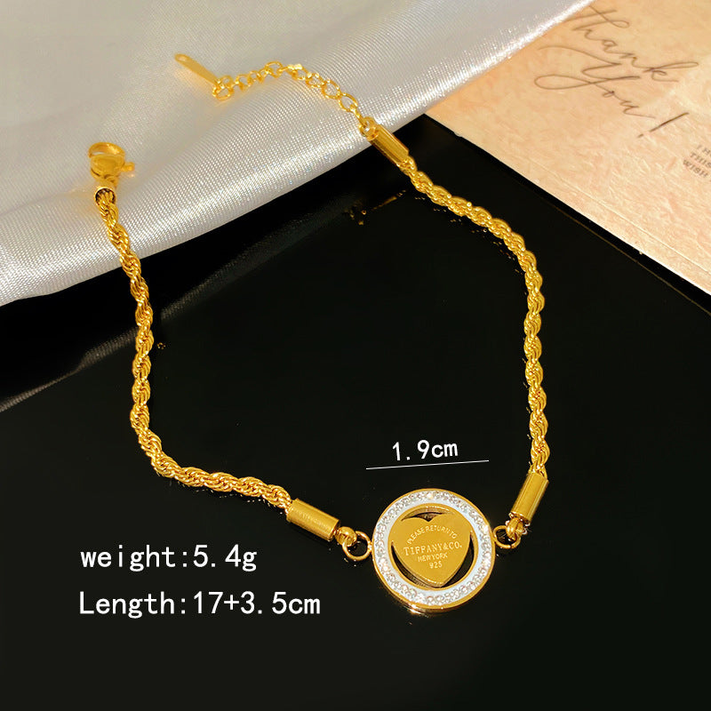 Minimalist Elegant Letter Heart Rhinestone Plated Titanium Steel Rope Chain Bracelet