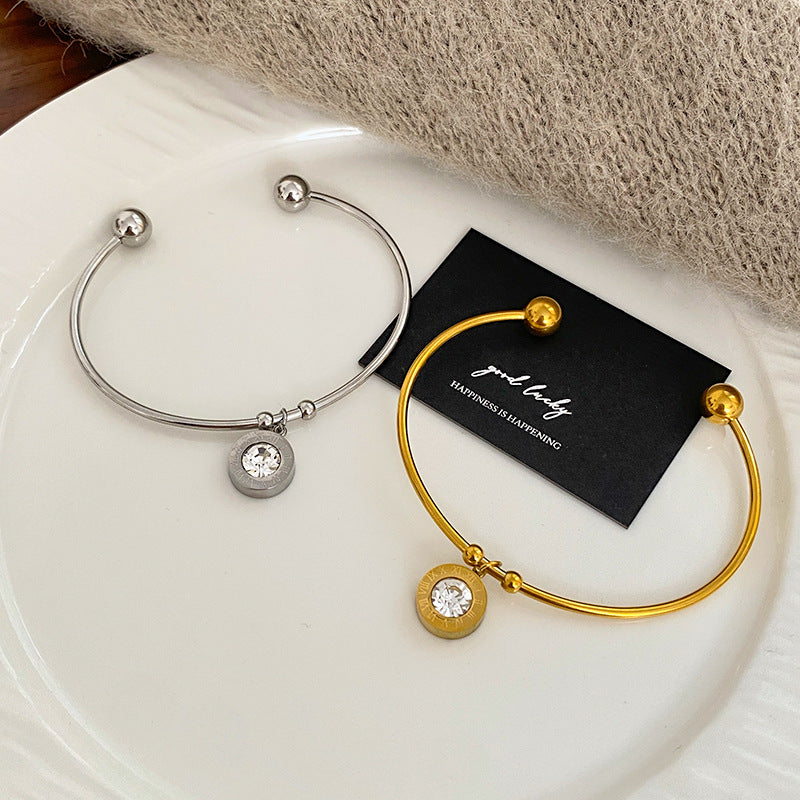 Minimalist Micro-Paved Cubic Zirconia Roman Number Open Cuff Titanium Steel Bracelet